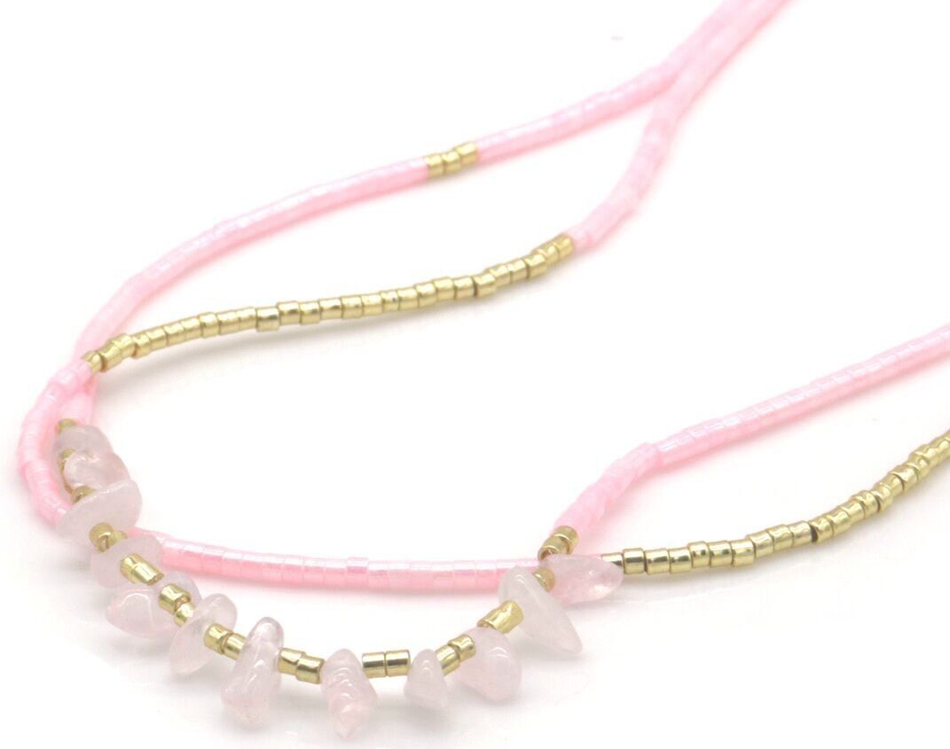 B-F9.2 N1034-007-3 Fashion Halskette mehrlagige Glasperlen 40-45cm Pink