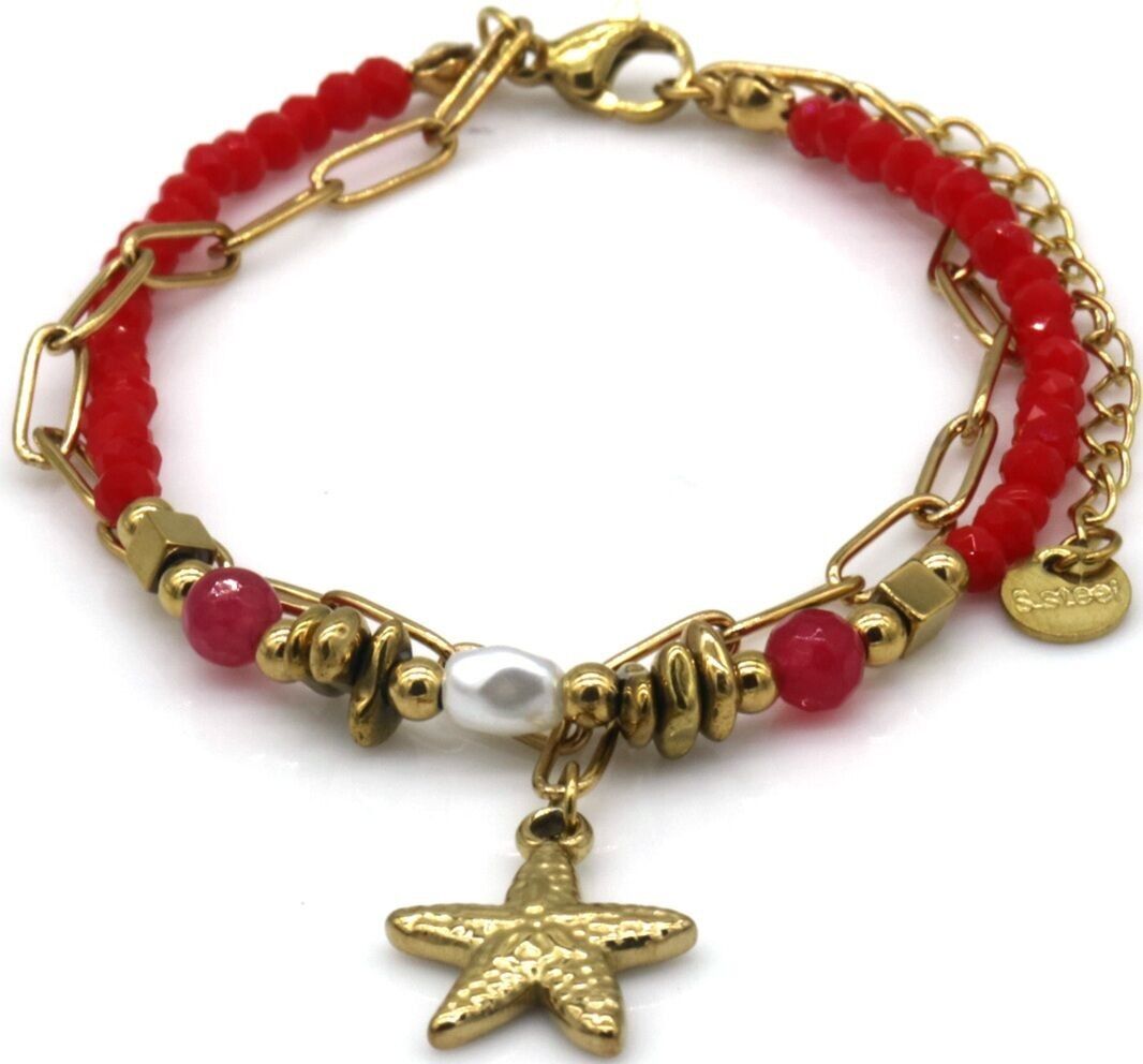 D-A18.4 B2539-033-1 S.Stahlarmband Glasperlen Seestern Rot