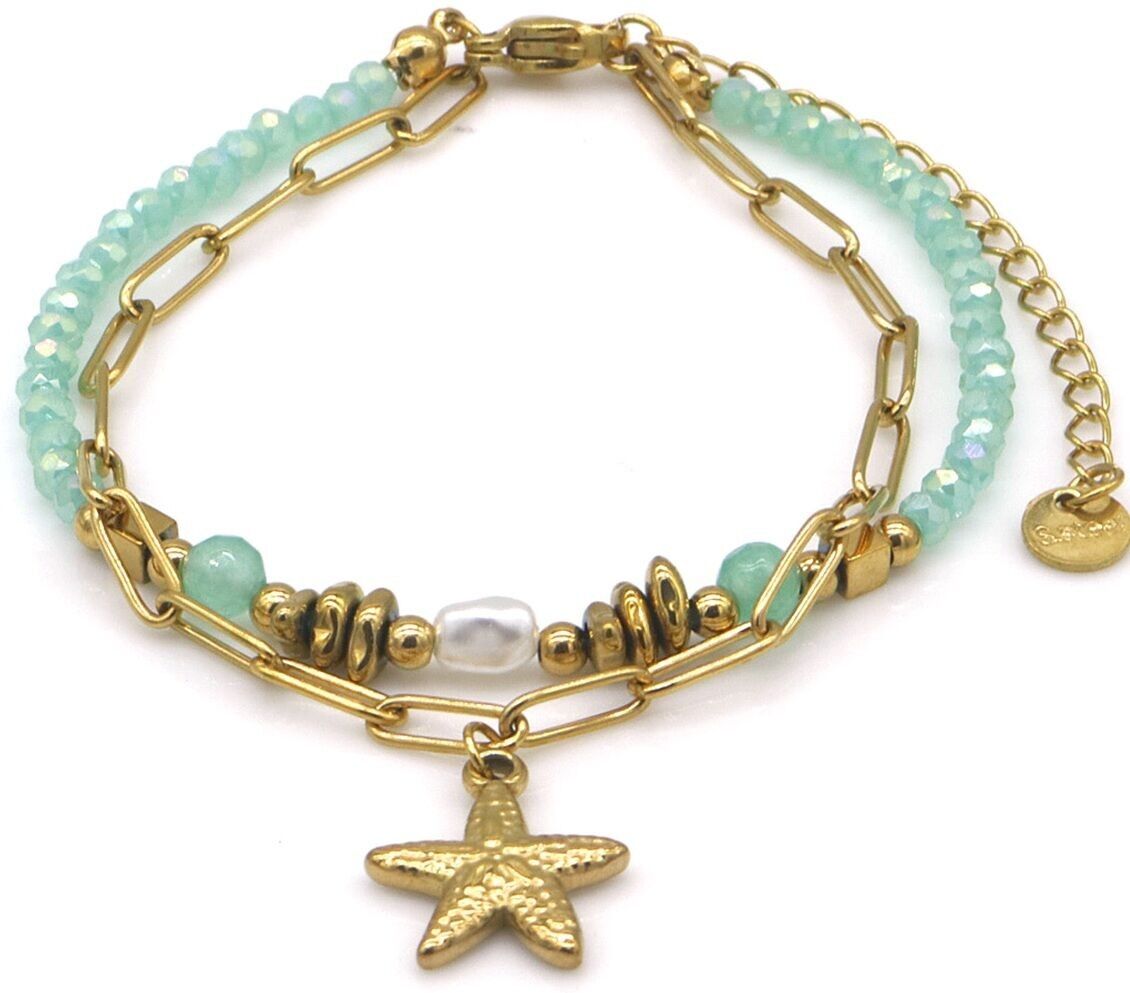 B-A9.1 B2539-033-4 S.Stahlarmband Glasperlen Seestern Grün