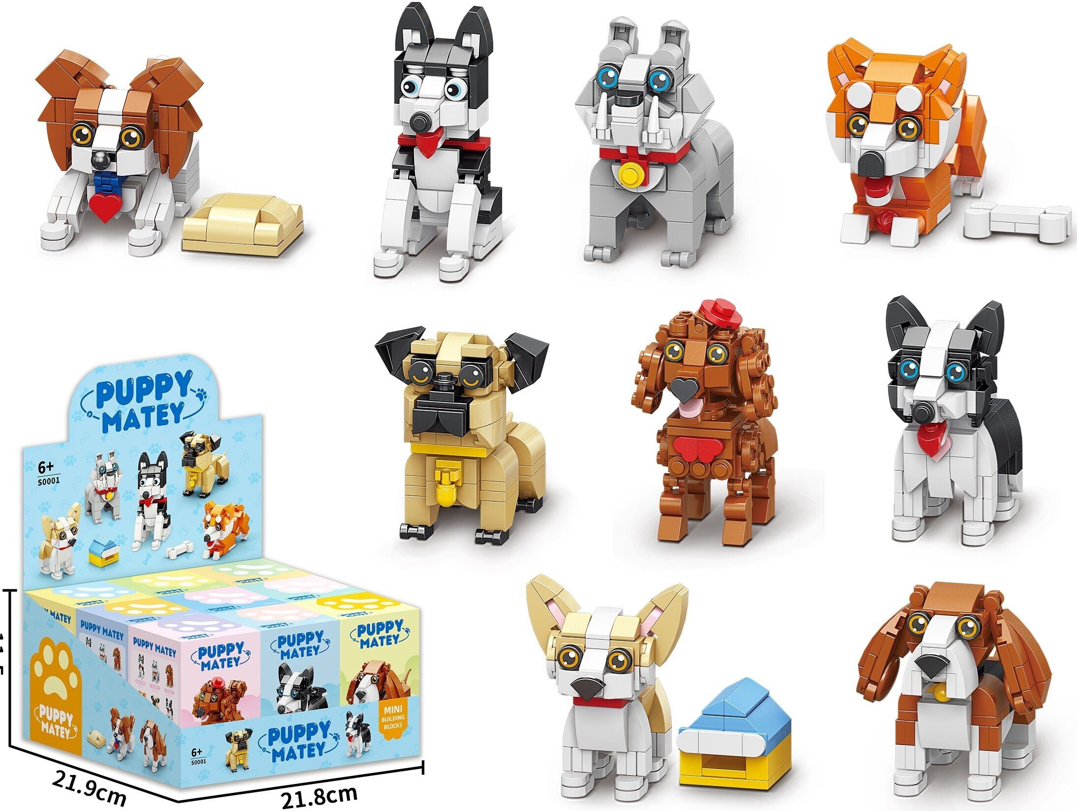 T-H3.1 S0001 Mini set di blocchi da costruzione in espositore 9 pezzi - Cani