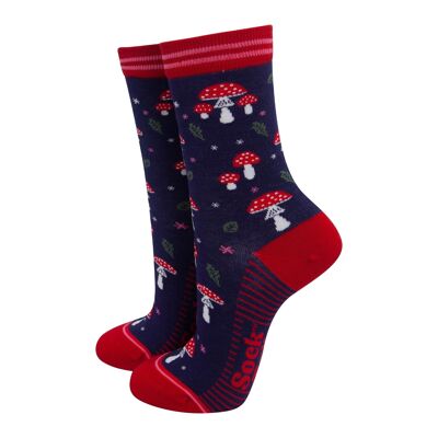 Women's Bamboo Socks - Navy Blue/Red, Toadstools