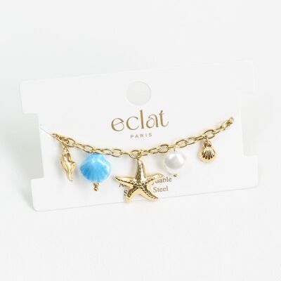 Gold-plated chain bracelet with marine charms and blue shell