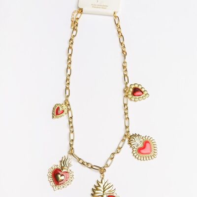 Gold chain necklace with red center ex-voto heart pendants