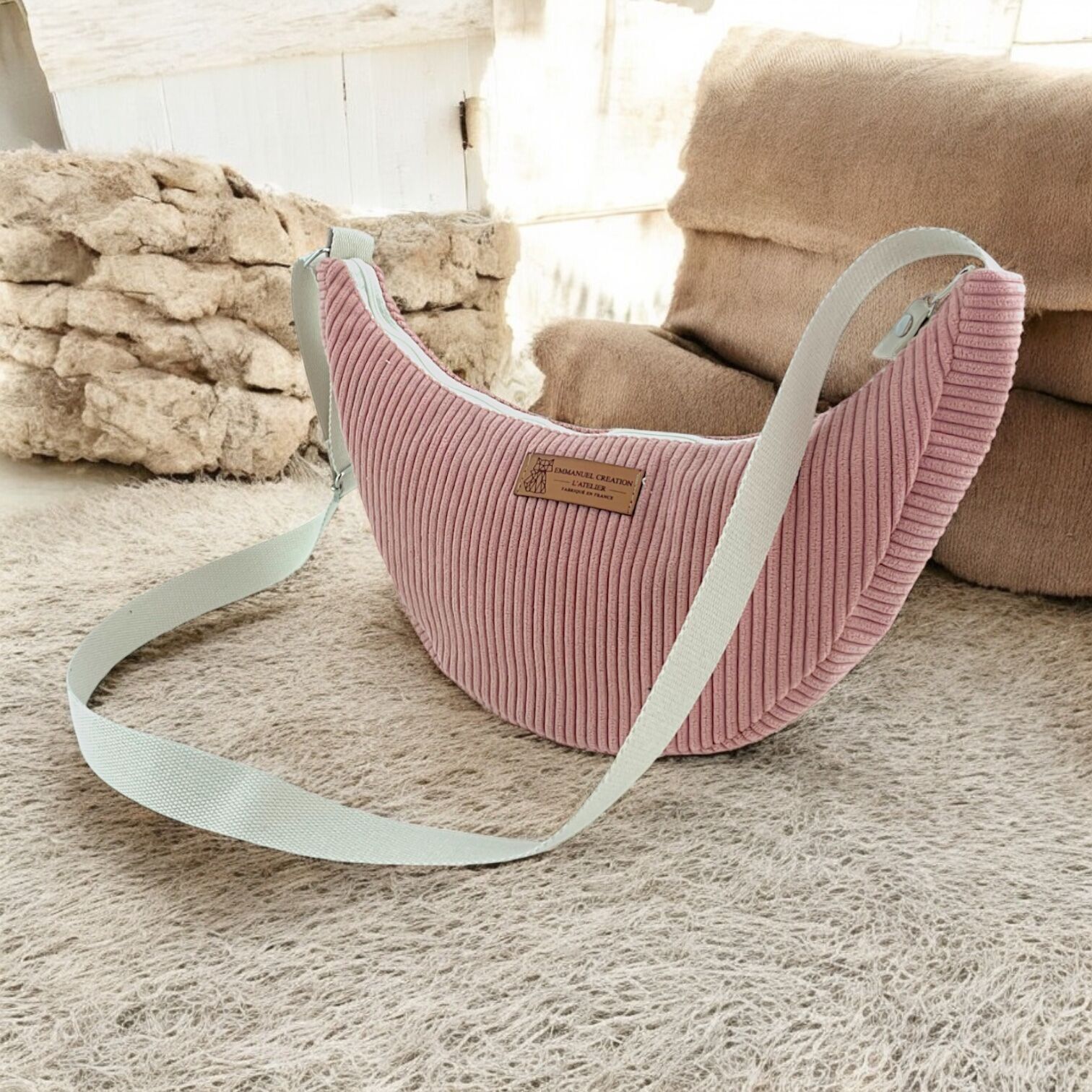 Bolso Léo S, terciopelo rosa acanalado