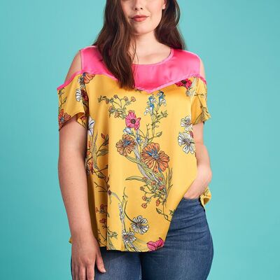 Plus size yellow blouse with floral overlay effect (A988)
