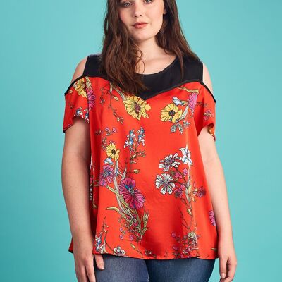Plus size red blouse with floral overlay effect (A988)