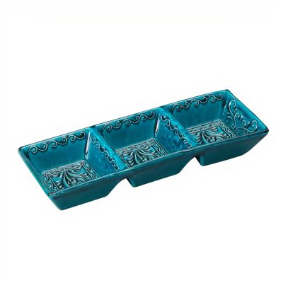 Piatto per snack in ceramica con 3 scomparti – Iznik, turchese – 25x8 cm