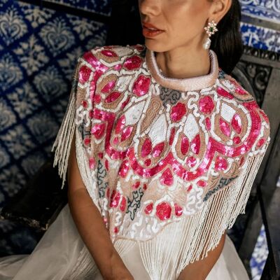 Elvy Jewel Cape in Salmon Pink, Fuchsia, Blue and White