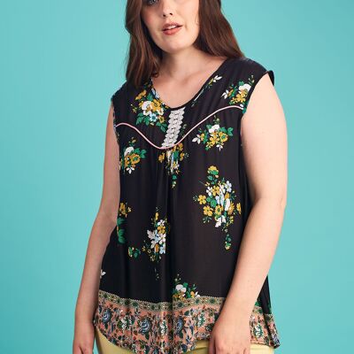 Top nero con stampa floreale taglie forti (A955)