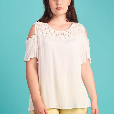 Plus size white openwork top with pearls (A958)