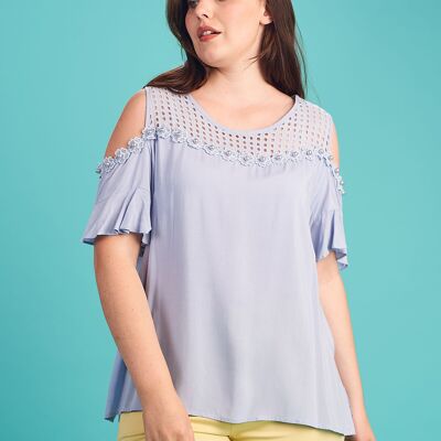 Plus size blue openwork top with pearls (A958)