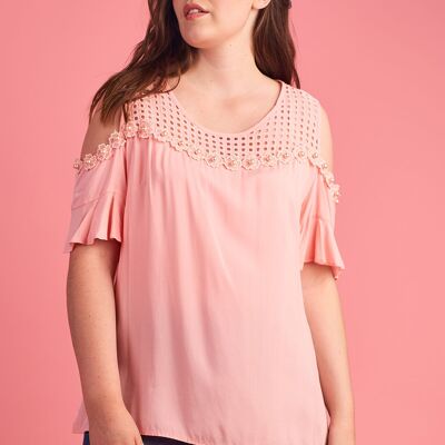 Plus size pink openwork top with pearls (A958)