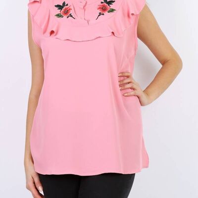 Top rosa sin mangas con bordado de talla grande (A965)