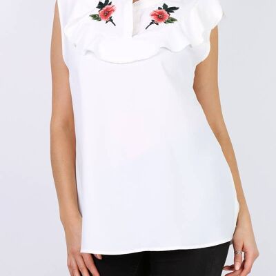 Blusa blanca sin mangas con bordado de talla grande (A965)