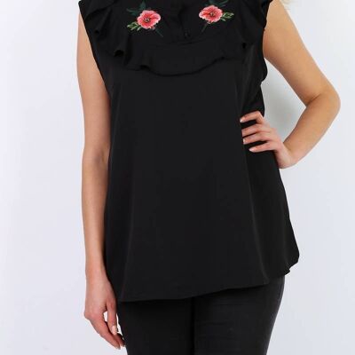 Top negro sin mangas con bordado de talla grande (A965)