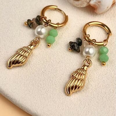 Gold-plated stainless steel hoop earrings with shell and stone charms