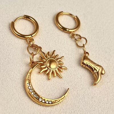 Asymmetrical Sun Moon Steel Boot Earrings