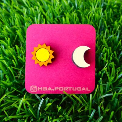 Wooden Colorful Sun and Moon Earrings, Handmade Wood Jewel