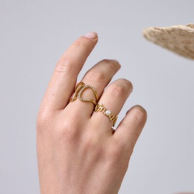 Anillo de acero inoxidable con cuentas ovaladas dobles