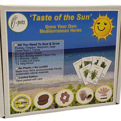 Züchten Sie Ihr eigenes Öko-Geschenkset "Geschmack der Sonne" | 6 x mediterrane Kräuter plus alles, was Sie für die Aussaat Ihres Indoor-Gemüsegartens benötigen