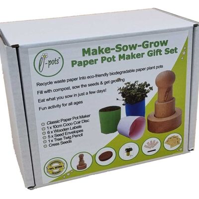De regalo ecológico "Make-Sow-Grow" de Paper Pot Maker | Incluye semillas y tierra.