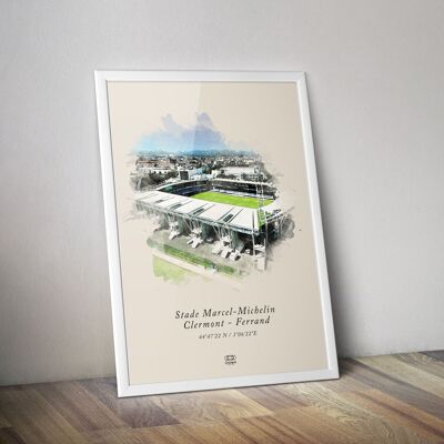 Aquarelle affiche stade rugby Marcel Michelin Clermont Ferrand