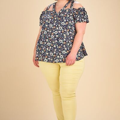 Top blu con motivo floreale taglie forti (C6204)