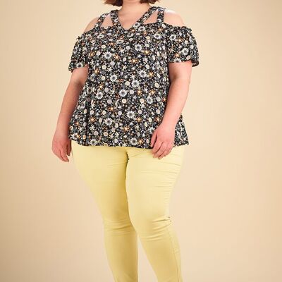 Top nero con motivo floreale taglie forti (C6204)