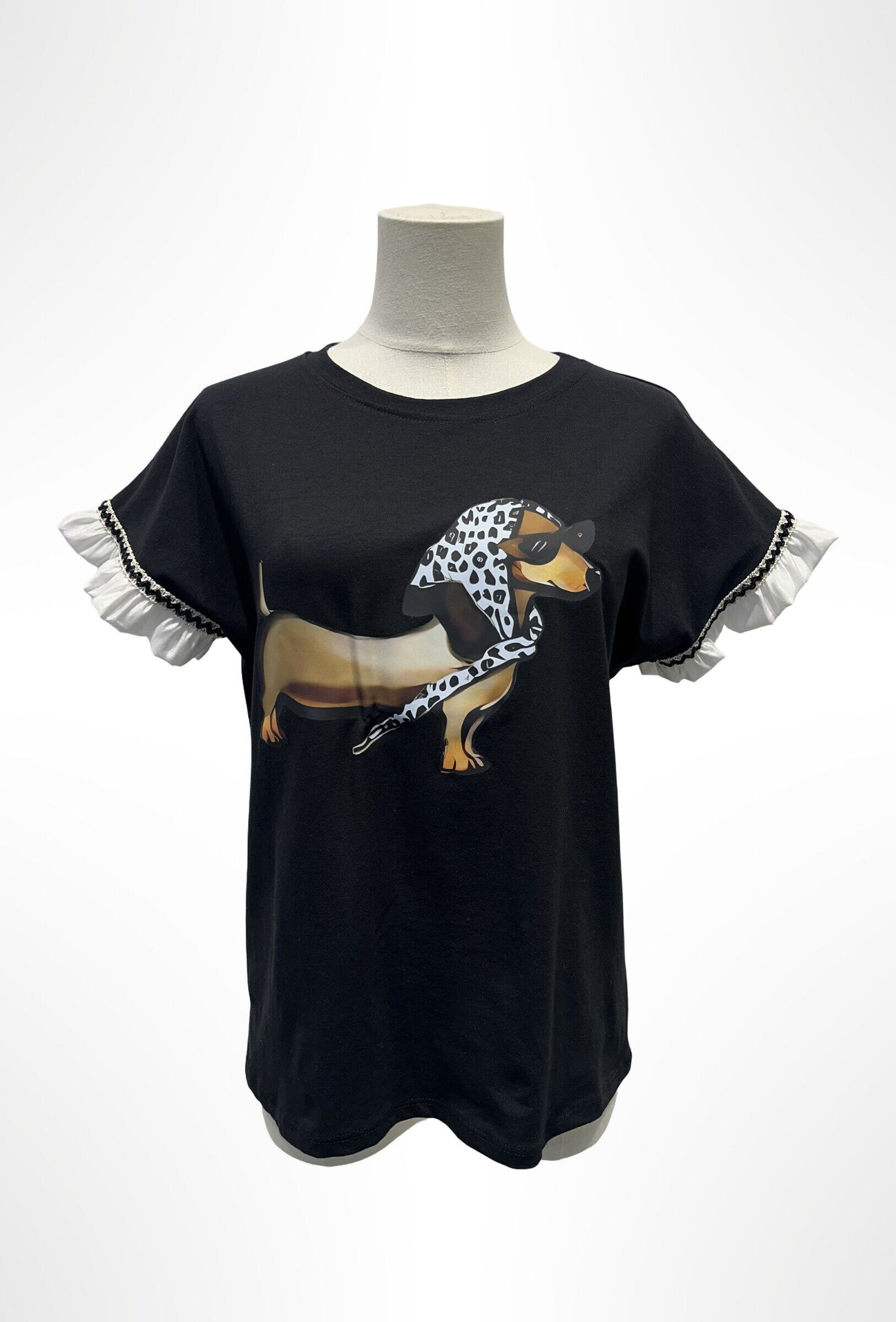 Schwarzes T-Shirt mit Dackel-Print und Rüschenärmeln