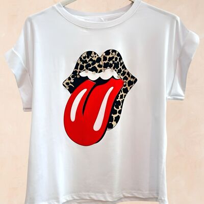 T-SHIRT CON STAMPA ROCK'N'ROLL LEOPARDO A BOCCA