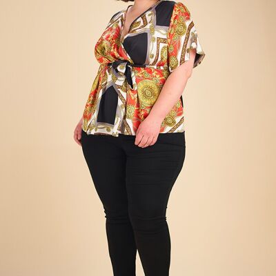 Plus size wrap blouse with black scarf print (C6208)
