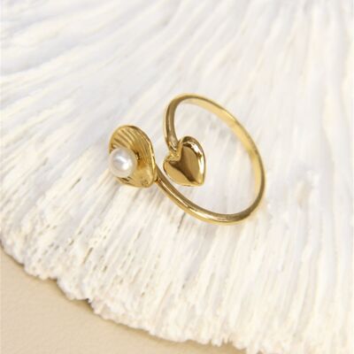 Anillo de concha y corazón de oro – perla blanca