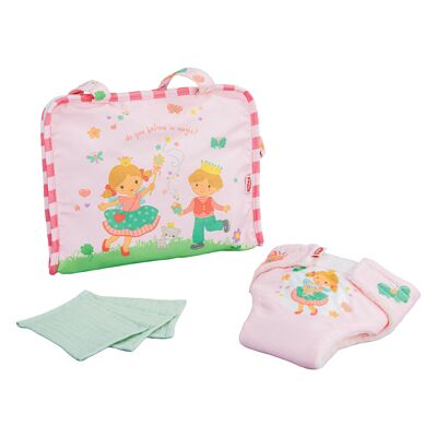 Sac à langer pour poupée « Princesse Emily » avec couche lavable et 3 langes en mousseline