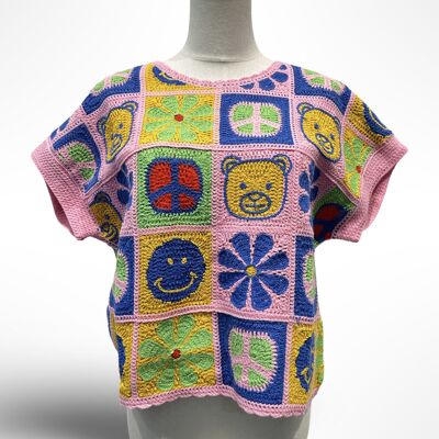 Top all'uncinetto multicolore con motivi pop - Stile vintage anni '70
