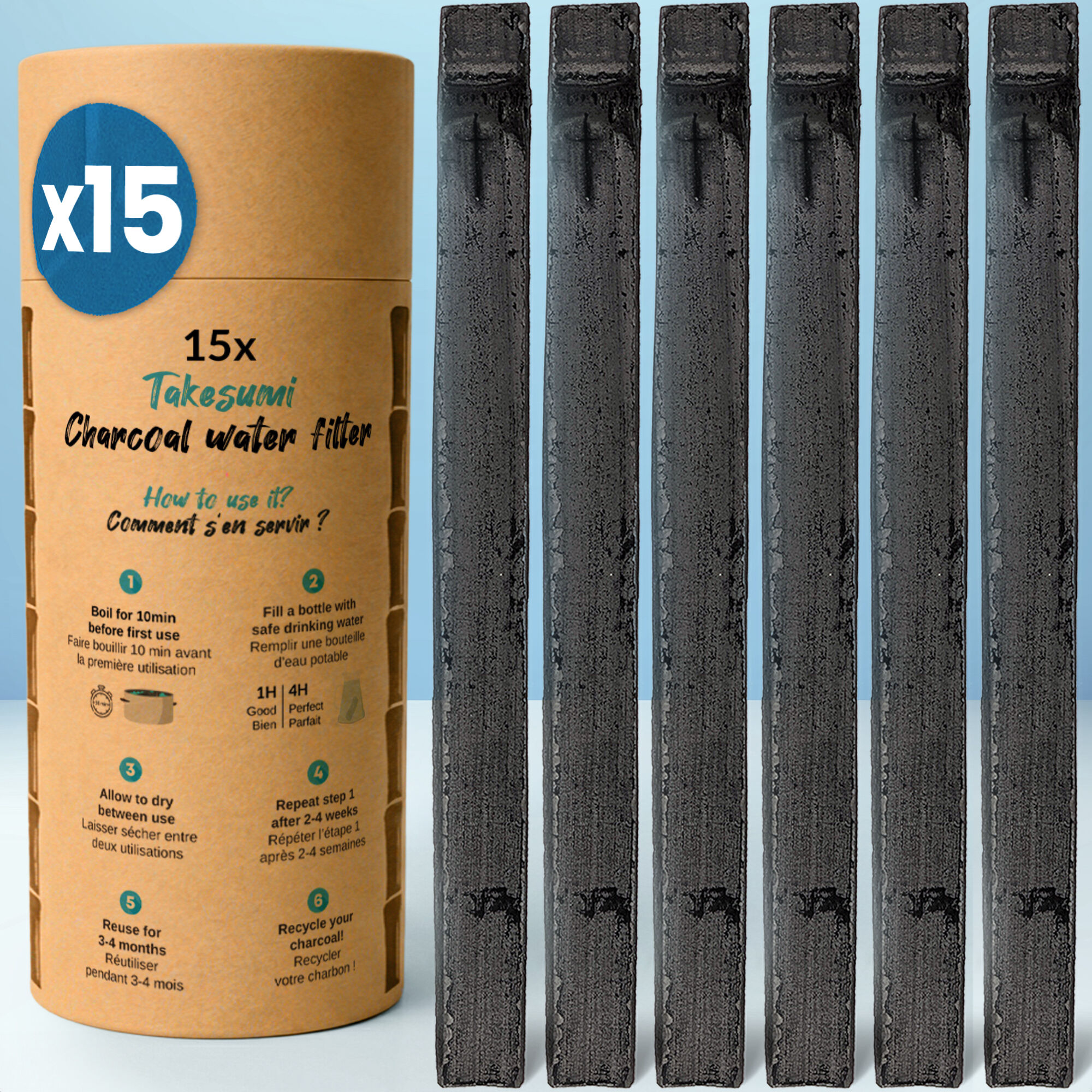 Binchotan Bio 15x | Charbon Actif Takesumi de Bambou pour Purification d'eau + E-Book | Passez-Vous des Eaux en Bouteille avec Notre Charbon Actif