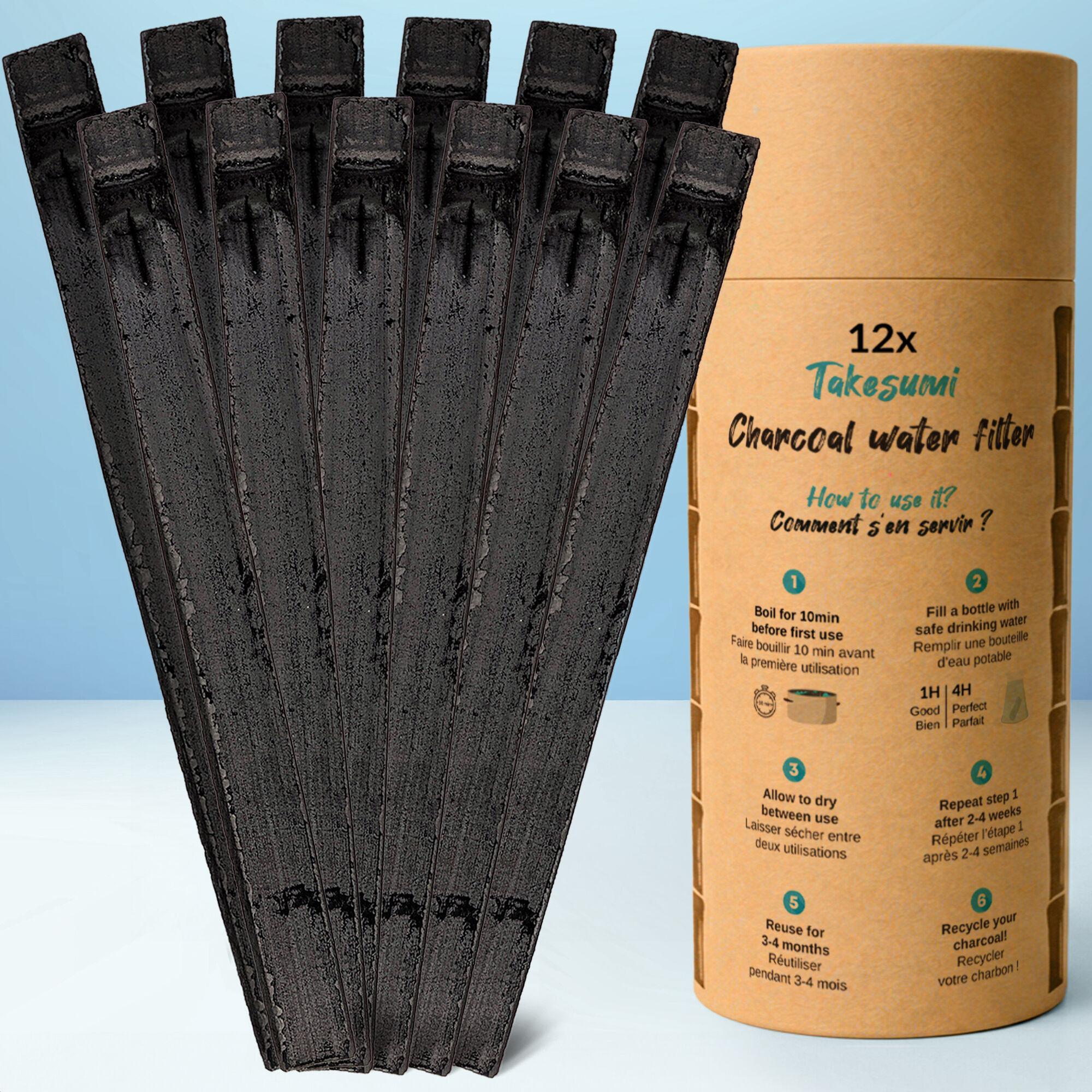 Binchotan Bio 12x | Charbon Actif Takesumi de Bambou pour Purification d'eau + E-Book | Passez-Vous des Eaux en Bouteille avec Notre Charbon Actif