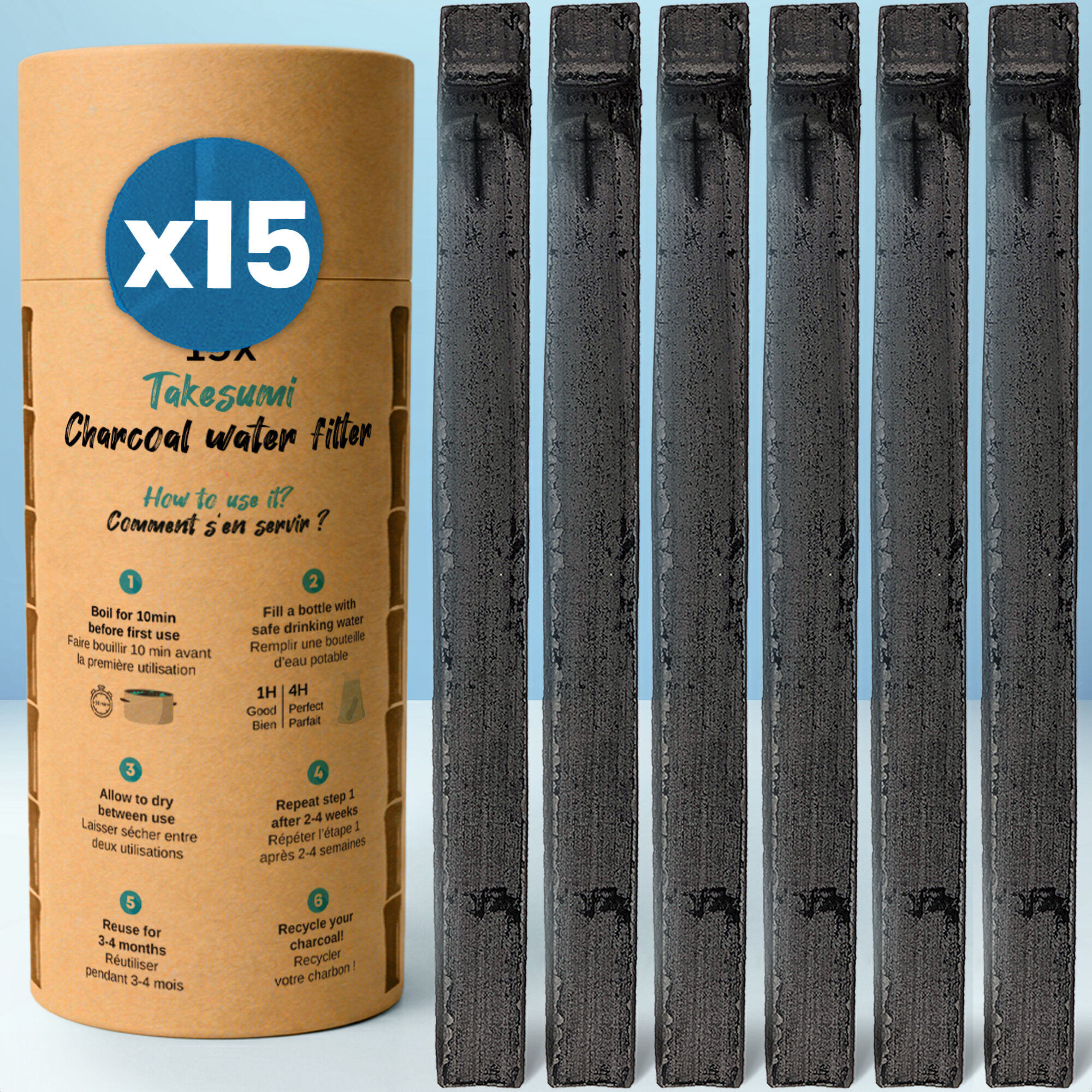 Binchotan Bio 5x | Charbon Actif de Bambou Takesumi pour Purification d'Eau, Alternative Durable aux Bouteilles d'Eau