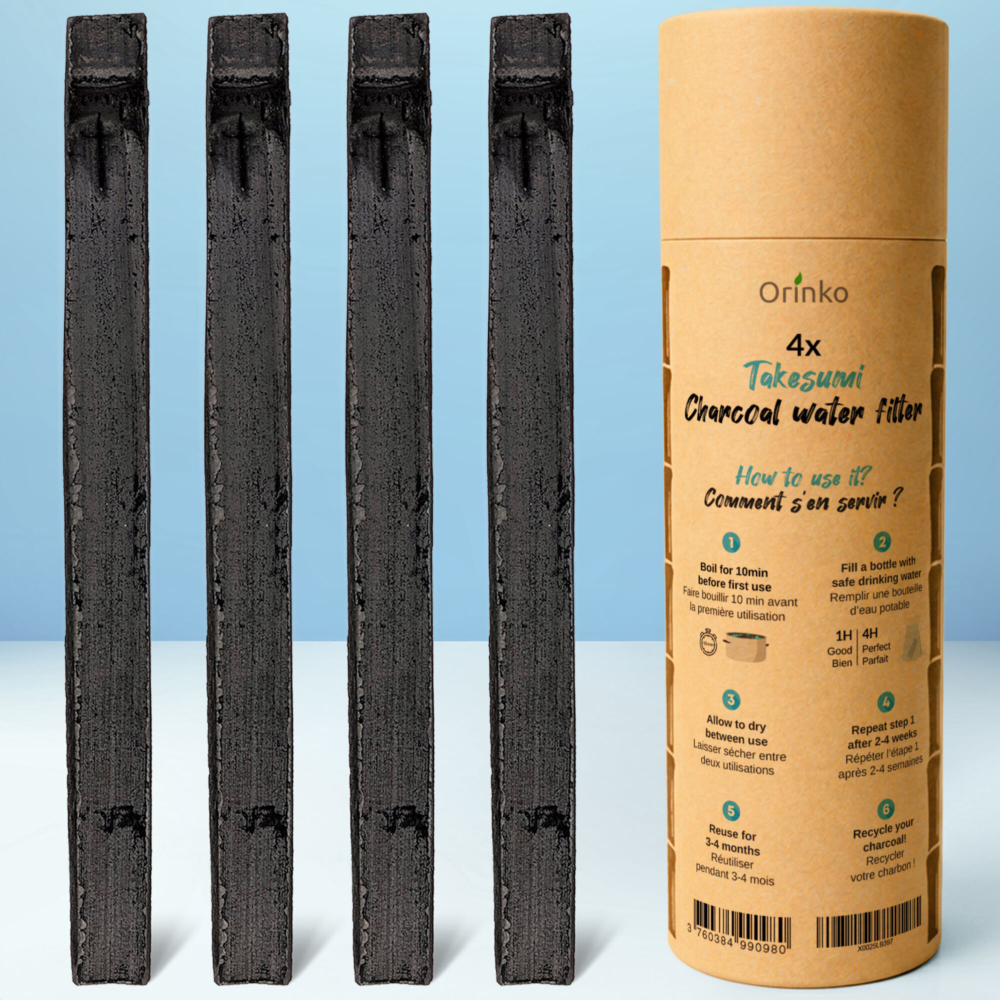 Binchotan Bio 4x | Charbon Actif de Bambou Takesumi pour Purification d'Eau, Alternative Durable aux Bouteilles d'Eau