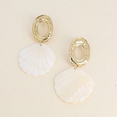 Dangling earrings - textured and openwork oval piece, and a pearly shell