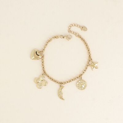 Bracelet - soleil, coeur, lune, fleur émaillée, étoile et trèfle