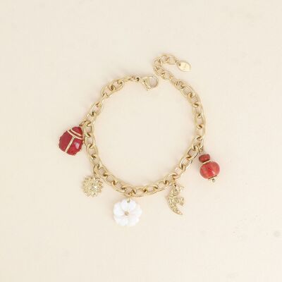 Pulsera - perlas, pájaro, sol, flor nacarada, mariquita esmaltada
