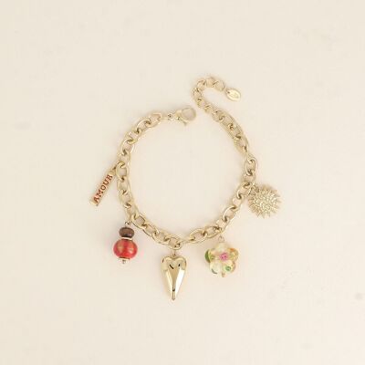 Pulsera - corazón, flor de resina, placa de esmalte LOVE, sol y perla