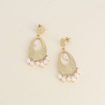Stud earrings - hammered round, textured oval coin and white resin beads