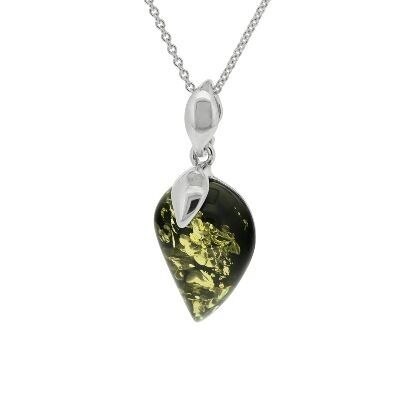 Green Amber Teardrop Pendant with 18" Trace Chain and Presentation Box