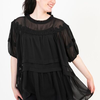 Top + blouse noir avec broderies grande taille (C6563)