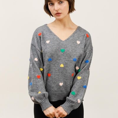 Multicolored Hearts in Relief Sweater – Soft Fantasy and Playful Spirit