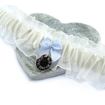 Personalised Something Blue Wedding Garter and Engraved Charm | White and Ivory Satin Organza | Wedding Gift for the Bride |