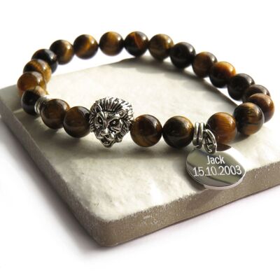Pulsera personalizada de ojo de tigre y león para hombre | Regalo para él