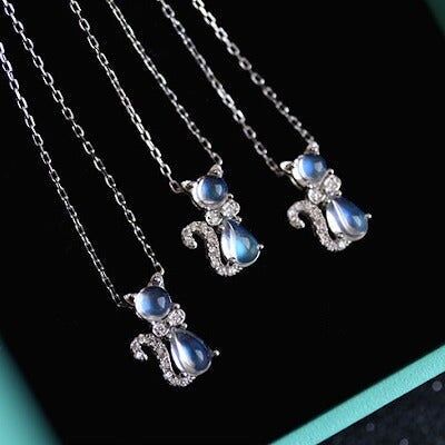 Collier en argent sterling avec pierre de lune et chat mignon