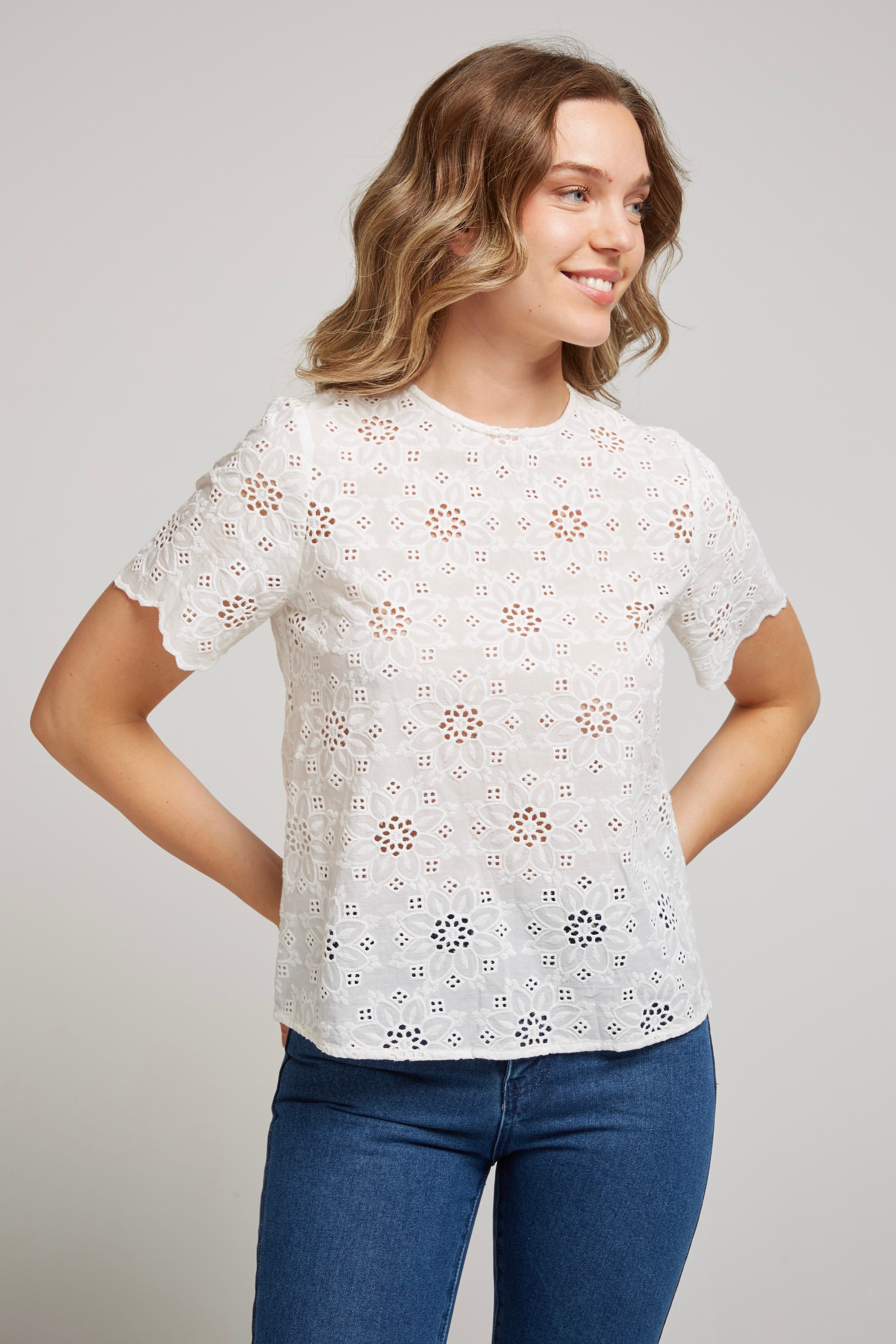 CAMILLA2 - Top de manga corta con bordado inglés